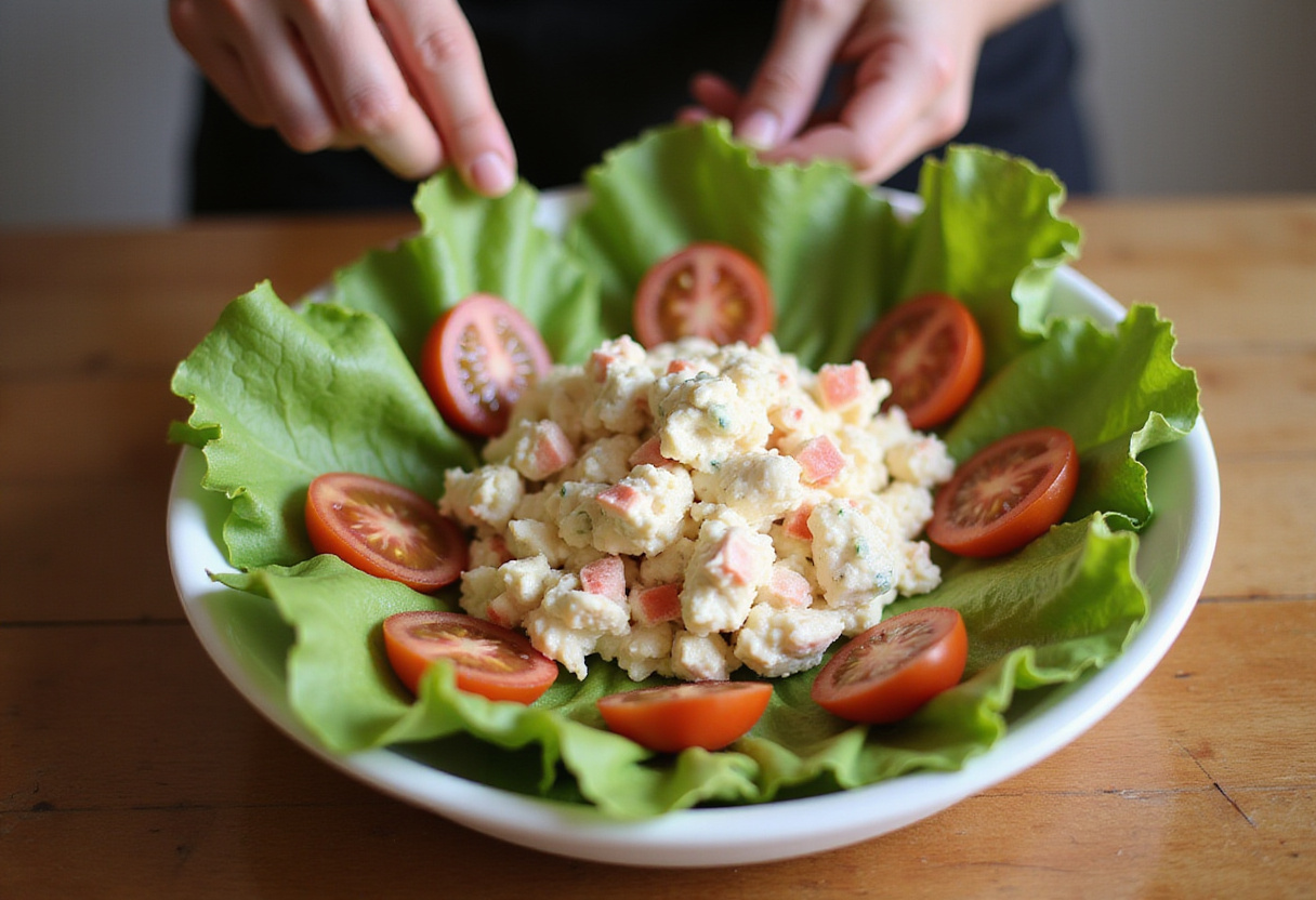 Arranging imitation crab salad on lettuce leaves.