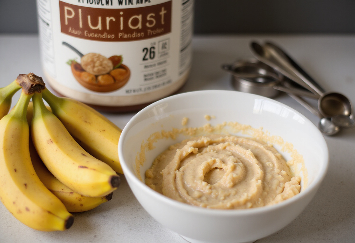 Mashing ripe bananas and preparing protein powder for protein banana bread.