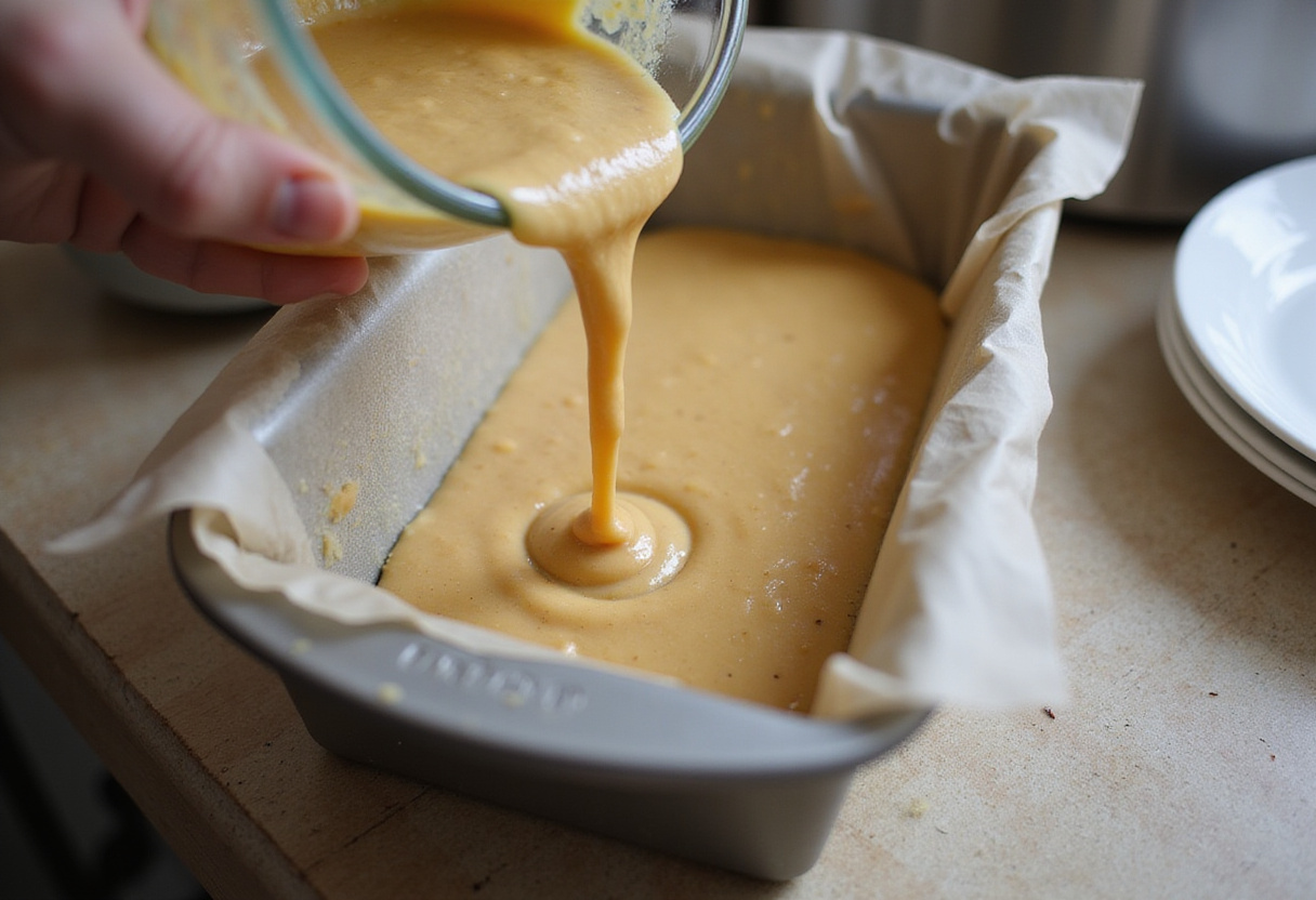 Pouring protein banana bread batter into a loaf pan.