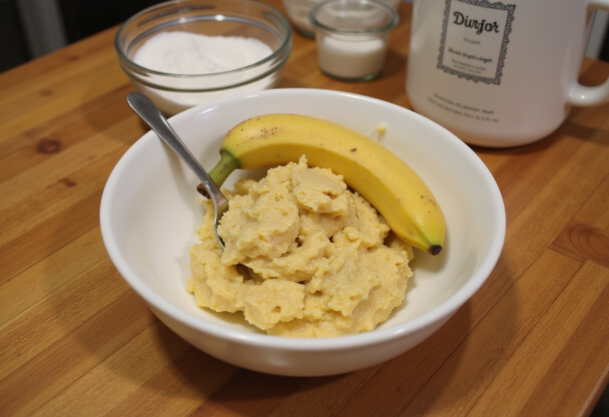 Mashing ripe banana for starting a vegan banana bread recipe.