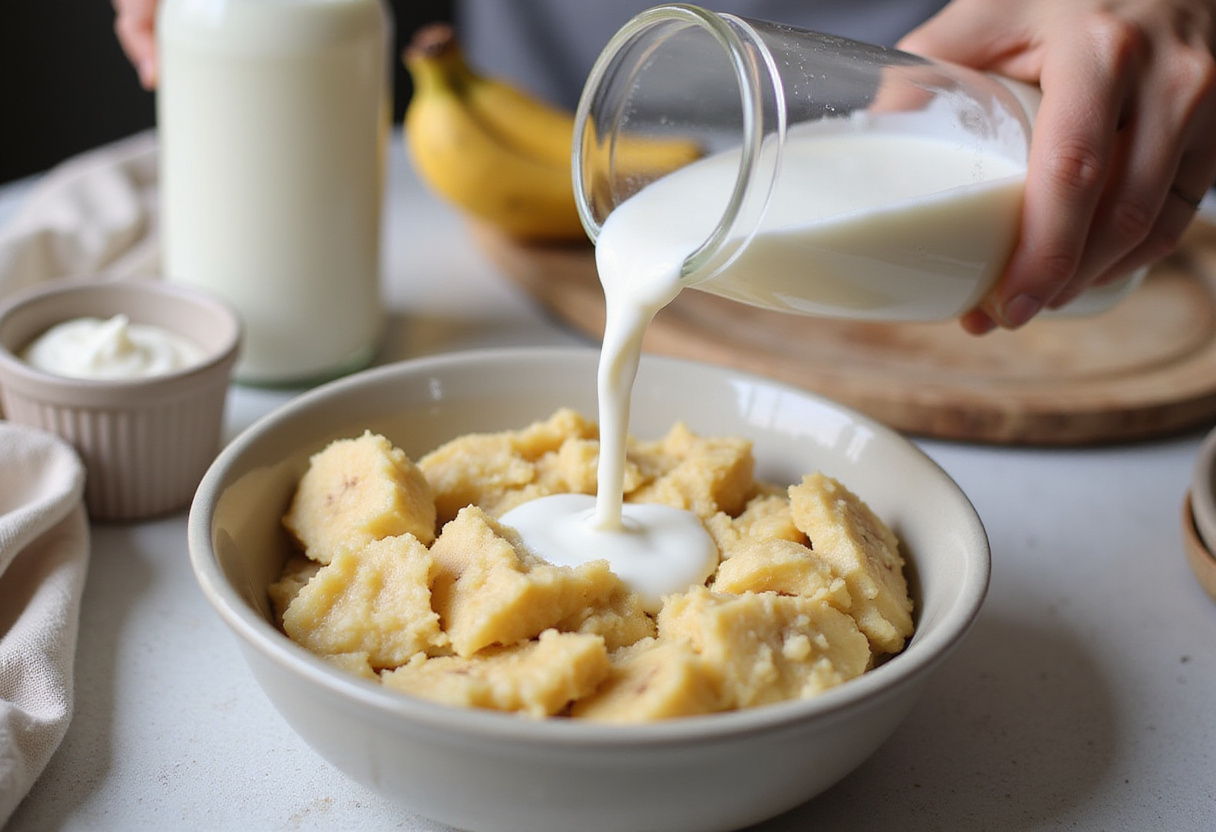 Adding plant-based milk to mashed bananas for vegan banana bread, highlighting healthy plant-based ingredients.