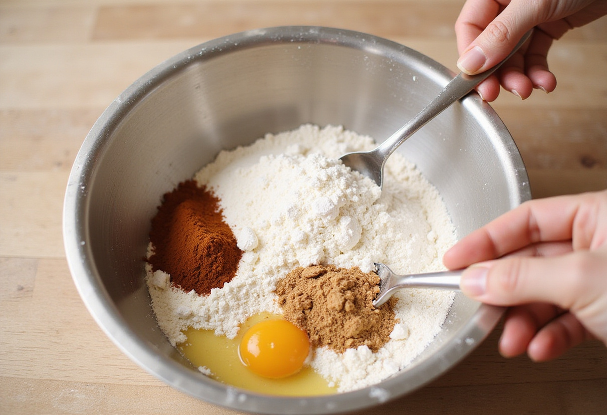 Combining dry ingredients for a healthy vegan banana bread recipe.