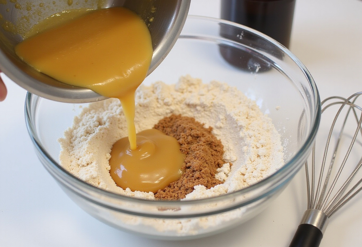 Mixing wet and dry ingredients to create vegan banana bread batter.