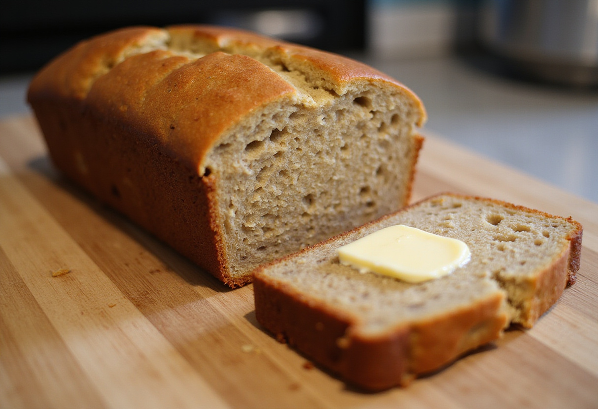 Delicious sliced Pillsbury Banana Bread with butter on a wooden board.