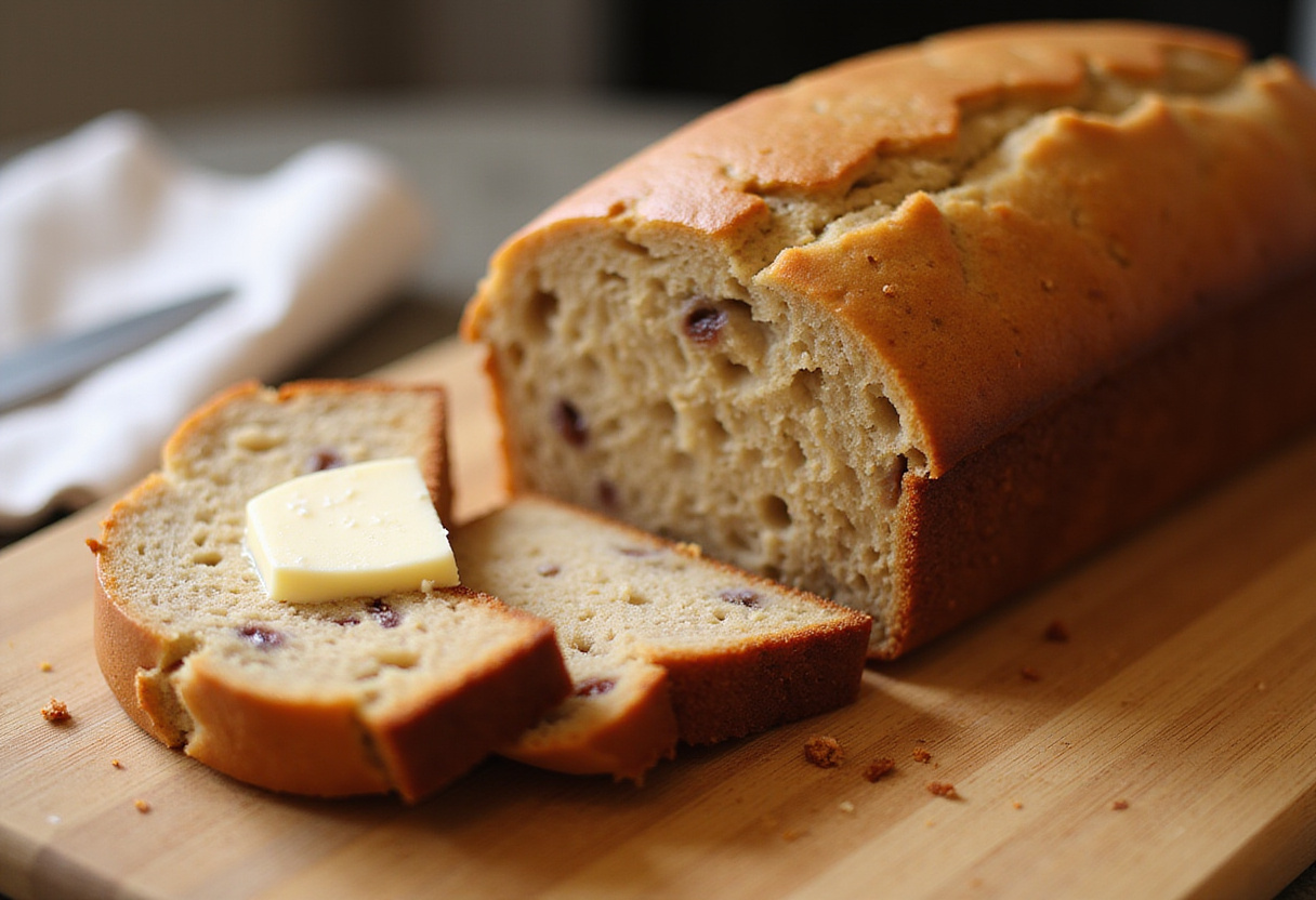 Delicious sliced Pillsbury Banana Bread with butter on a wooden board.