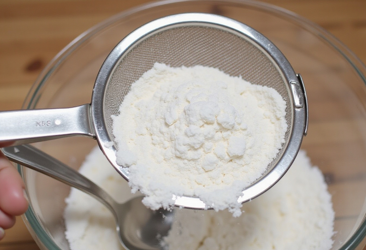 Sifting dry ingredients flour and baking soda for Pillsbury Banana Bread.