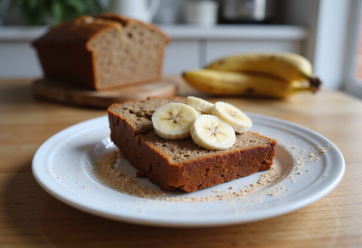 Delicious slice of Protein Banana Bread garnished with banana slices and protein powder.
