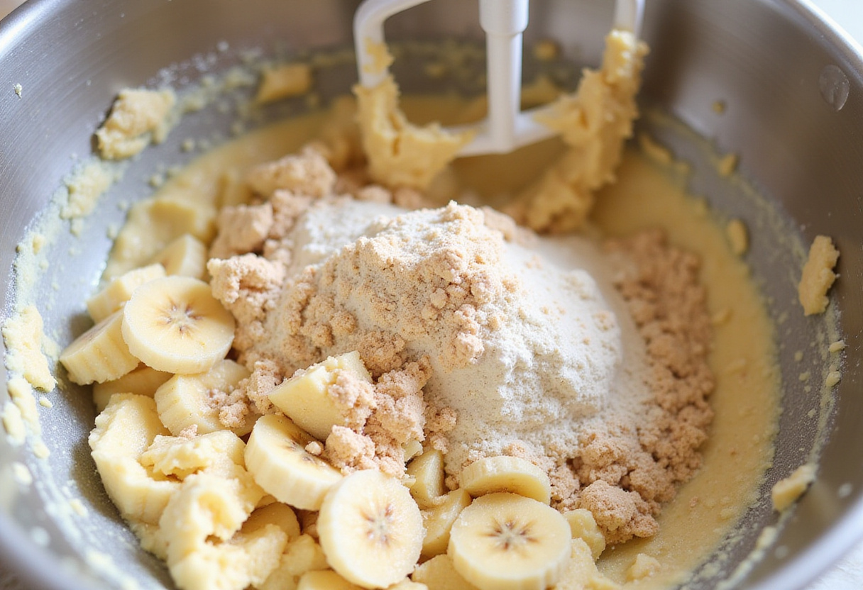 Mixing ingredients in a bowl to form the batter for Protein Banana Bread.
