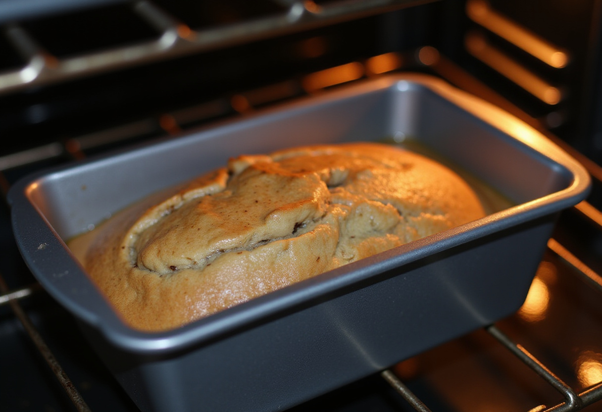 Protein Banana Bread baking inside a preheated oven.