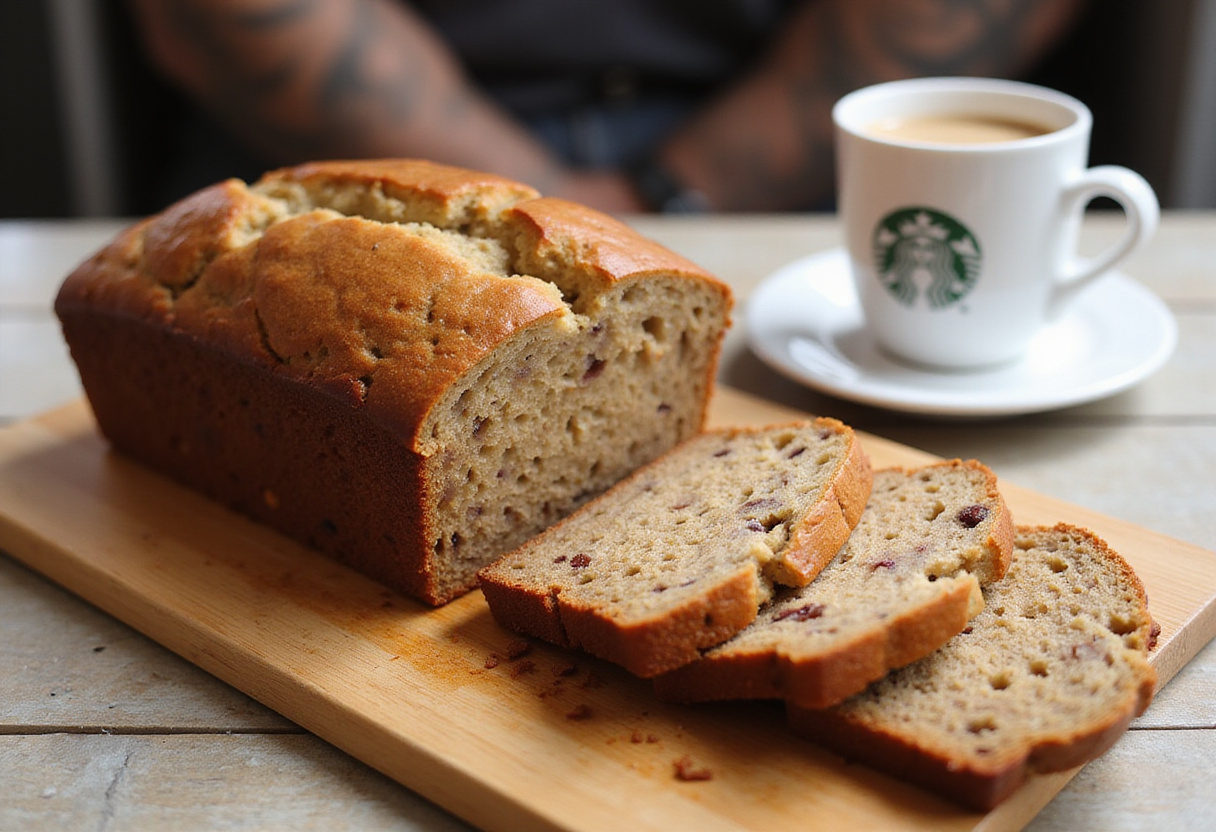 Delicious homemade Starbucks Banana Bread served with coffee.