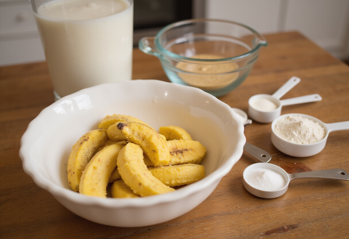 Mashed bananas and ingredients prepared for making Starbucks Banana Bread.