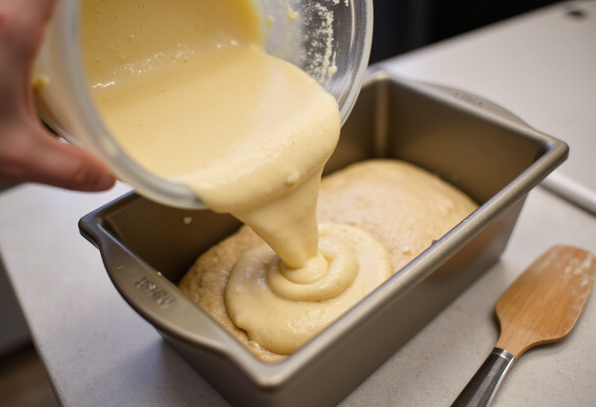 Banana bread batter being poured into a loaf pan for Starbucks Banana Bread.