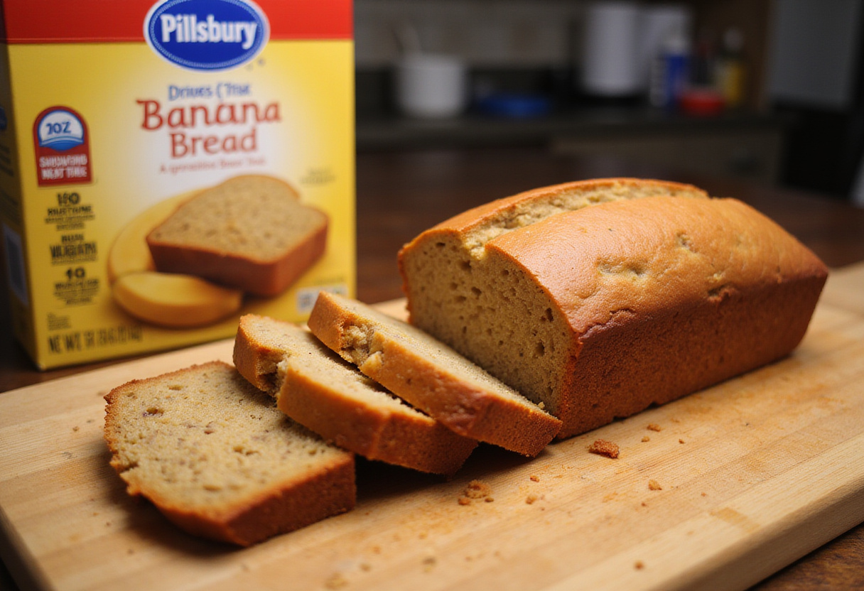 Homemade banana bread made with Pillsbury mix, sliced and ready to eat.