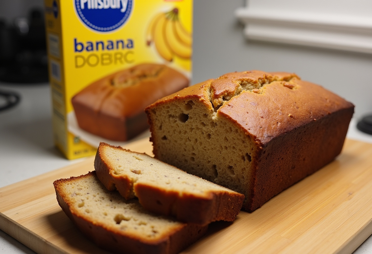 Homemade banana bread made with Pillsbury mix, sliced and ready to eat.