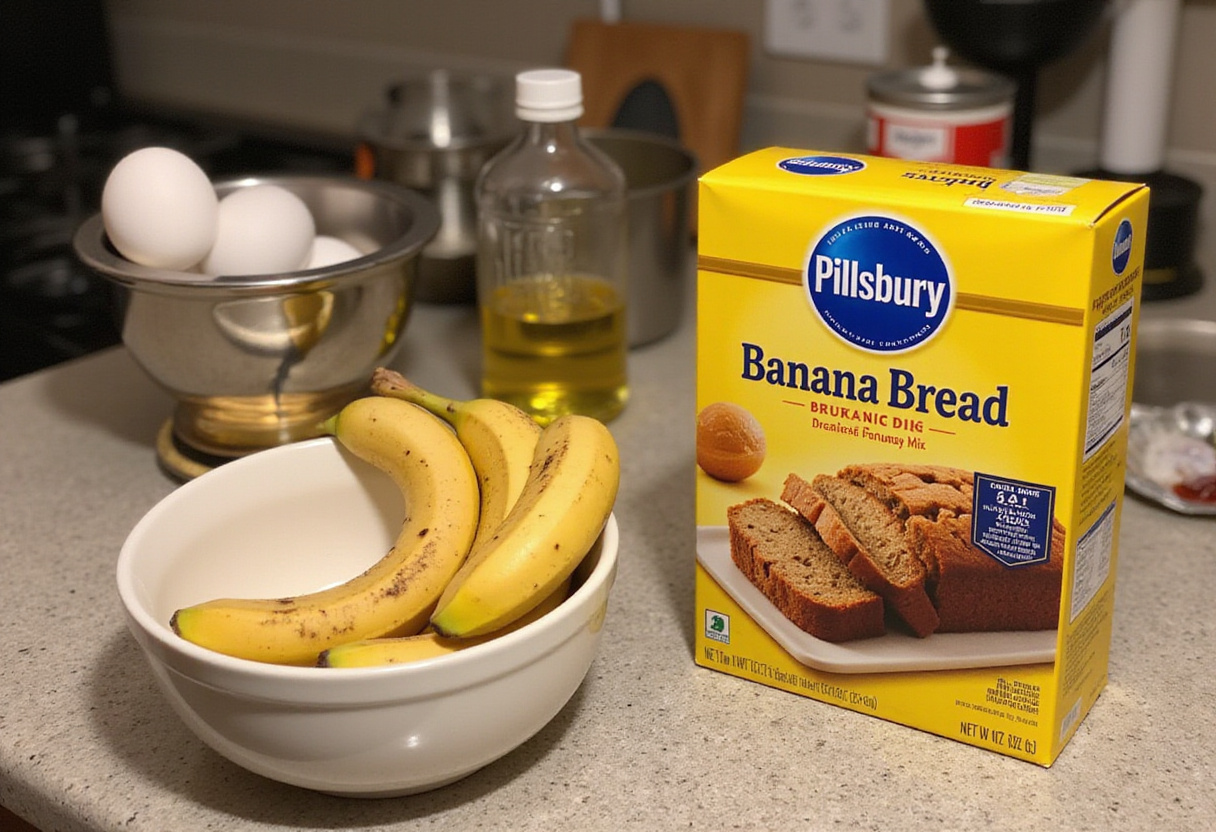Ingredients needed for Pillsbury banana bread including banana bread mix, bananas, eggs, and oil.