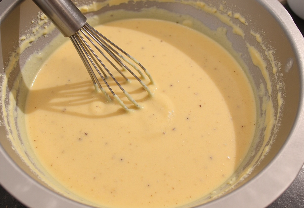 Mixing banana bread batter with Pillsbury mix using a whisk.