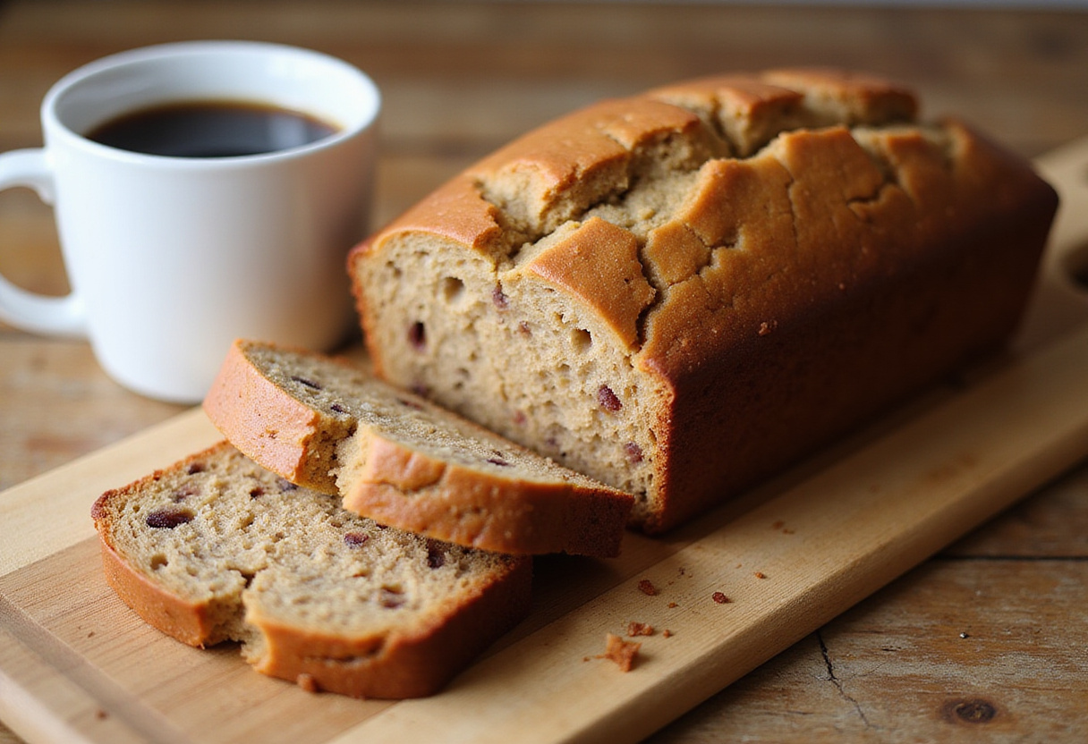 Freshly baked homemade banana bread with coffee, served like Starbucks.