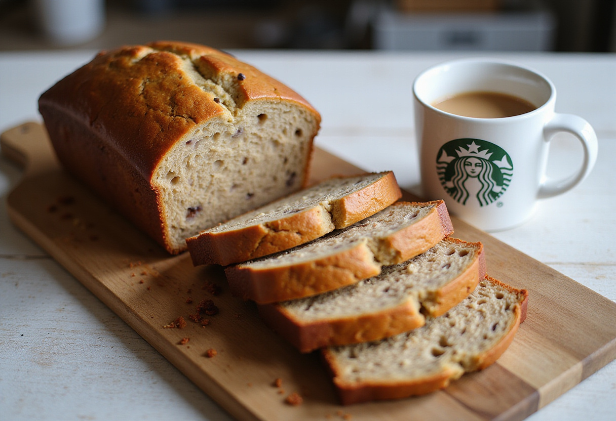 Freshly baked homemade banana bread with coffee, served like Starbucks.