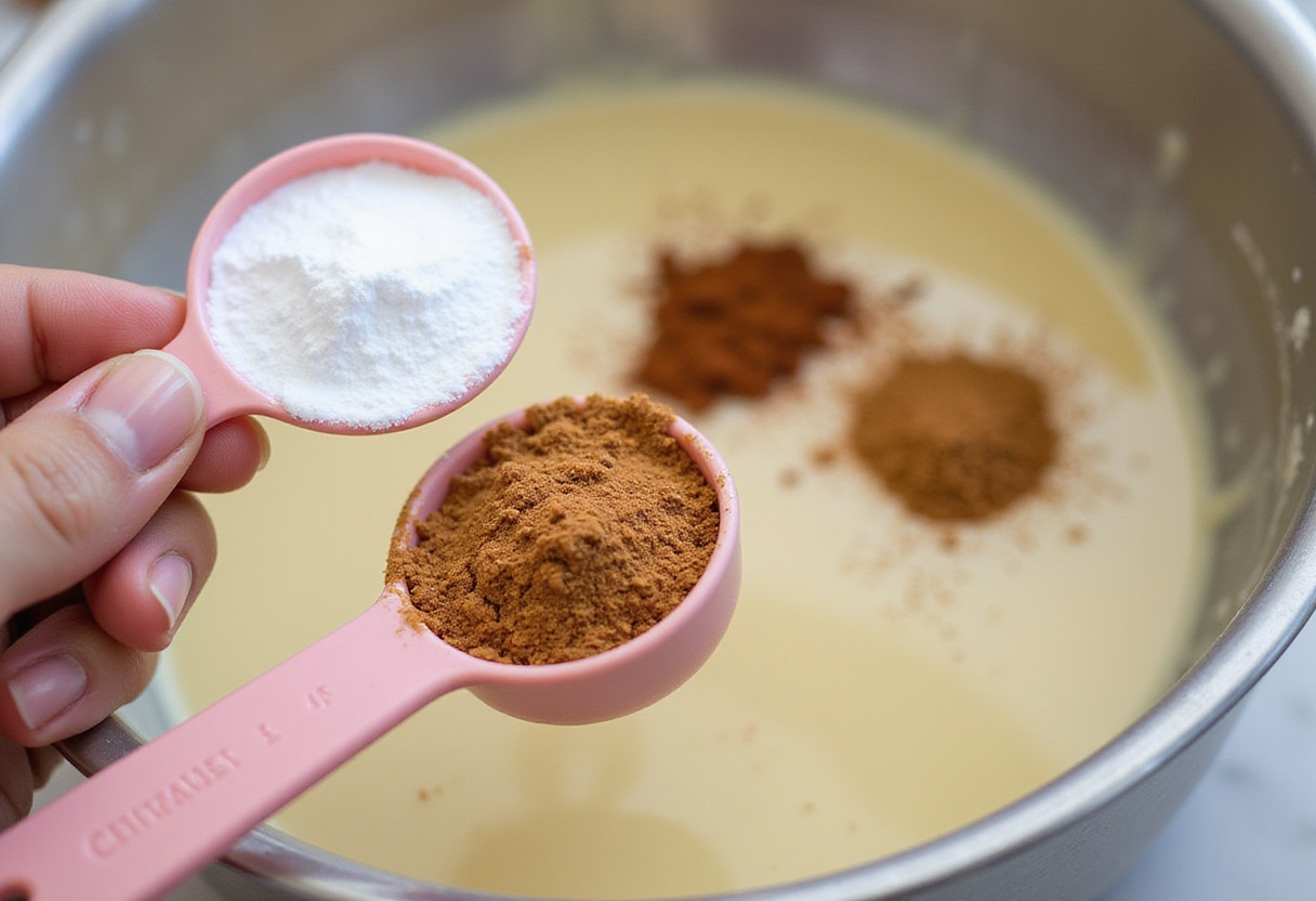 Adding baking powder and cinnamon to the dry ingredients when making banana bread.