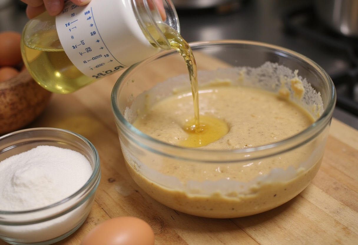 Vegetable oil being prepared to add to banana bread batter.