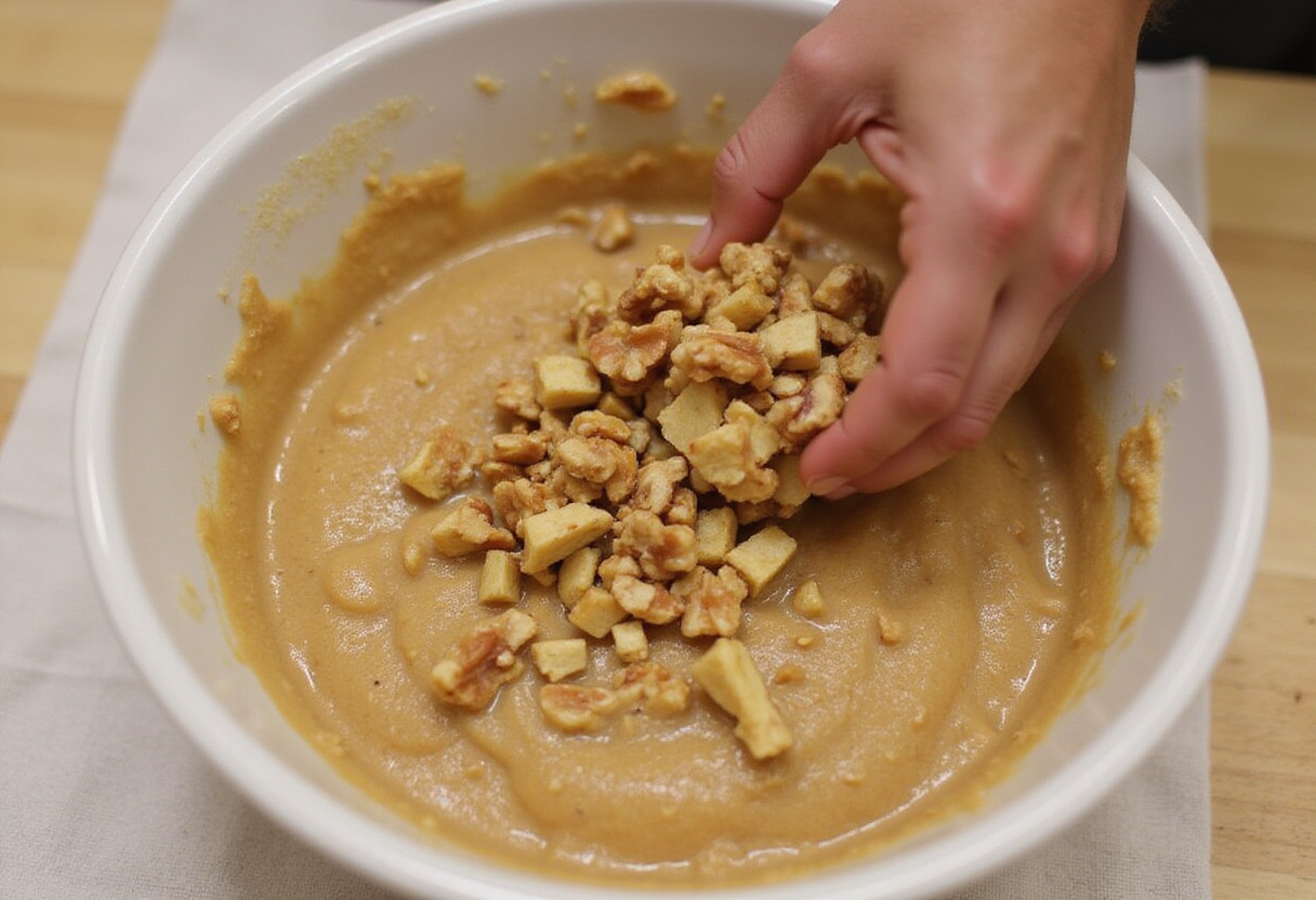 Folding chopped walnuts into homemade banana bread batter.
