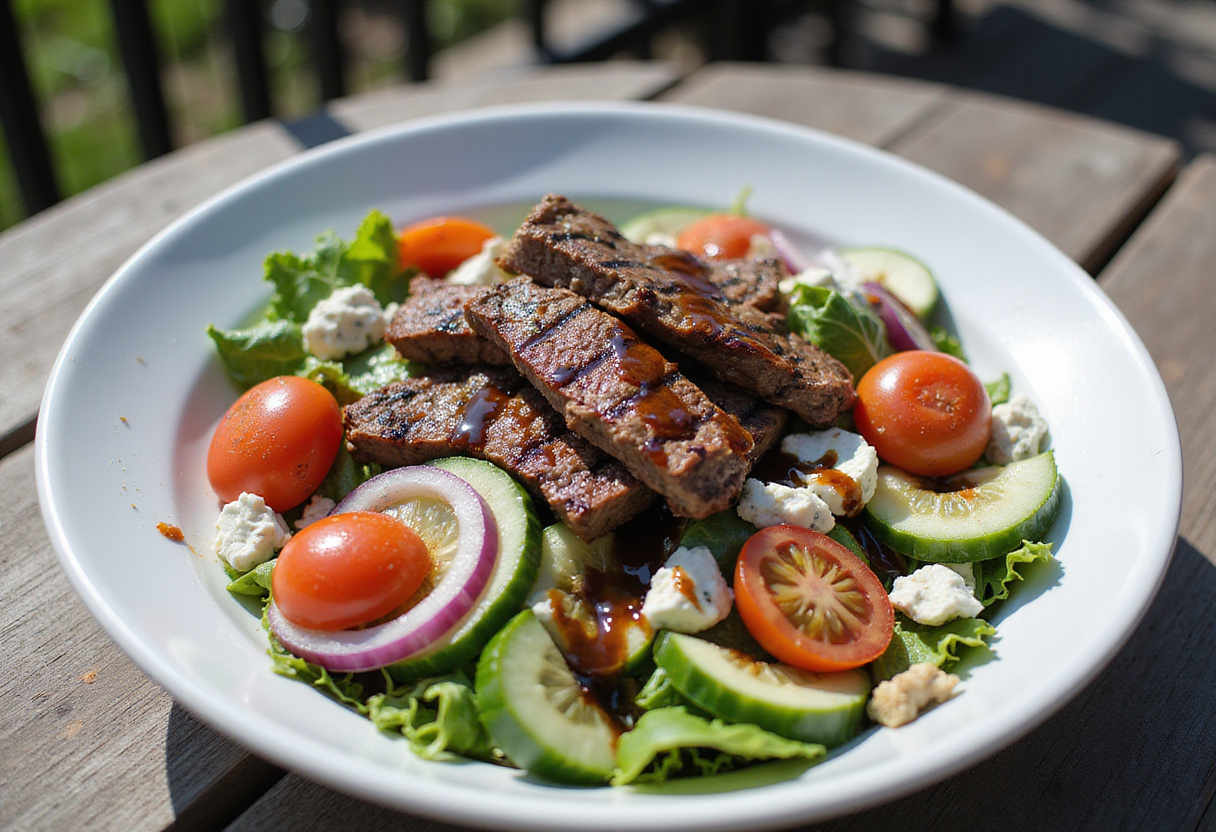 Delicious steak salad with fresh vegetables, blue cheese, and balsamic vinaigrette.