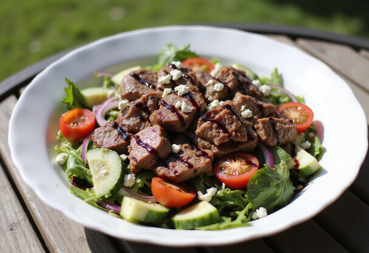 Delicious steak salad with fresh vegetables, blue cheese, and balsamic vinaigrette.