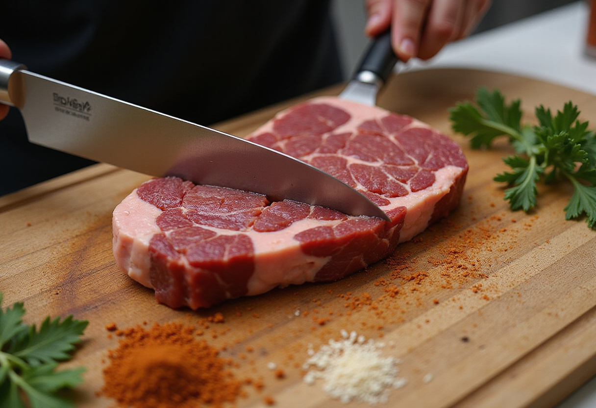 Slicing sirloin steak for steak salad preparation.