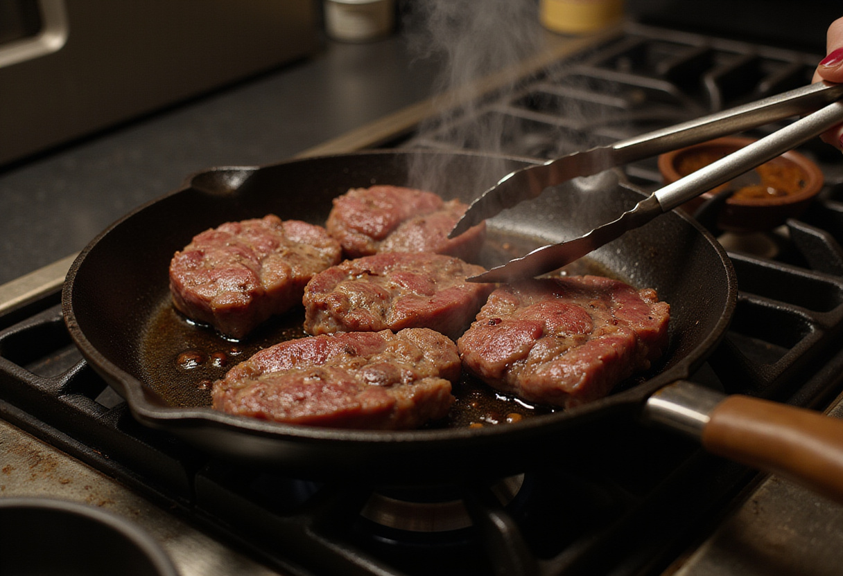 Searing steak strips in a skillet for steak salad.