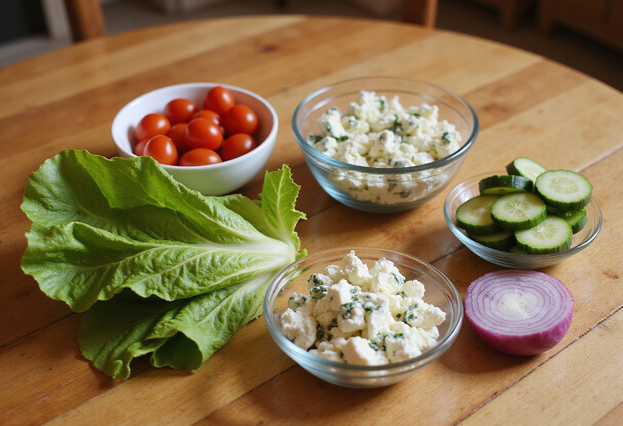 Fresh salad ingredients prepared for a steak salad.