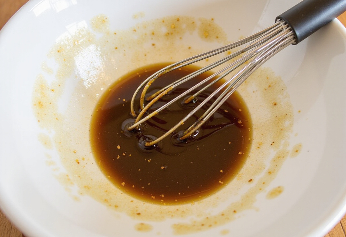 Preparing balsamic vinaigrette for steak salad dressing.