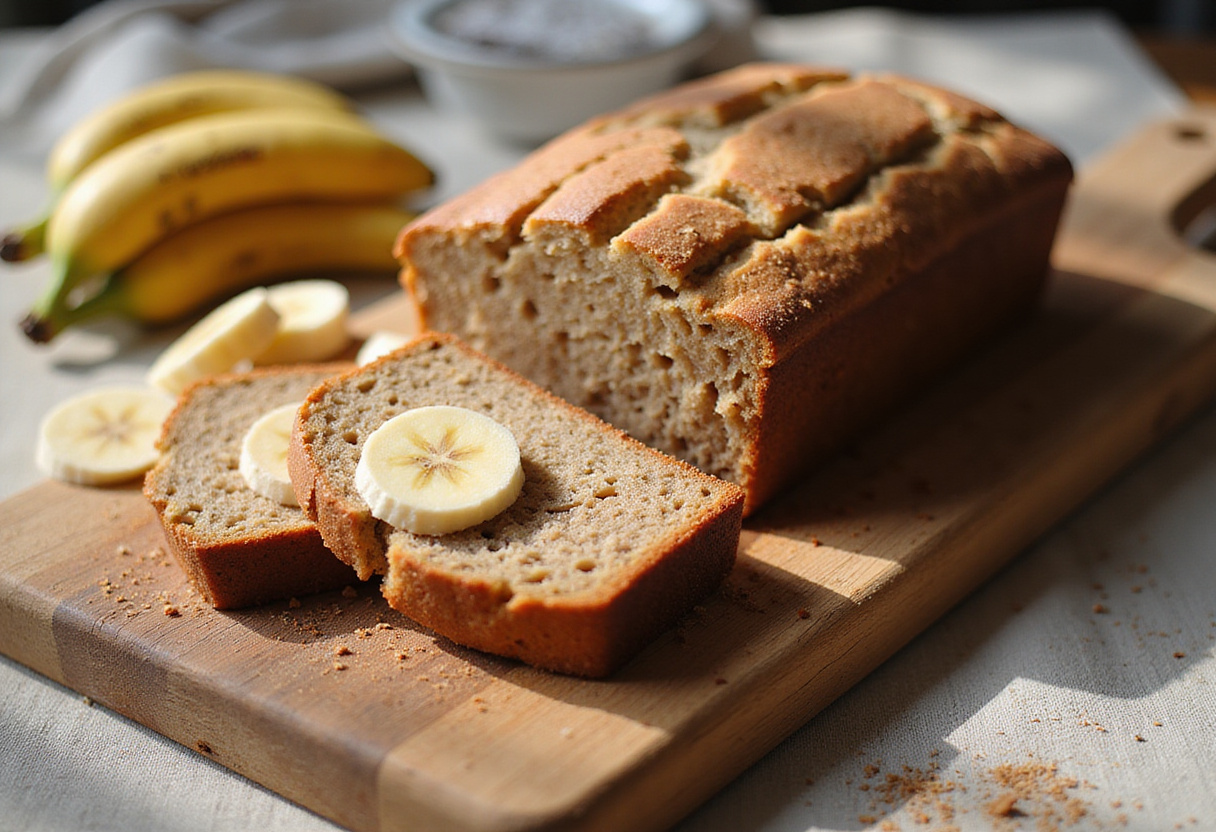 Delicious protein banana bread slices with banana garnish, ideal for a healthy snack.