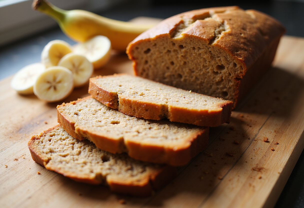 Delicious protein banana bread slices with banana garnish, ideal for a healthy snack.
