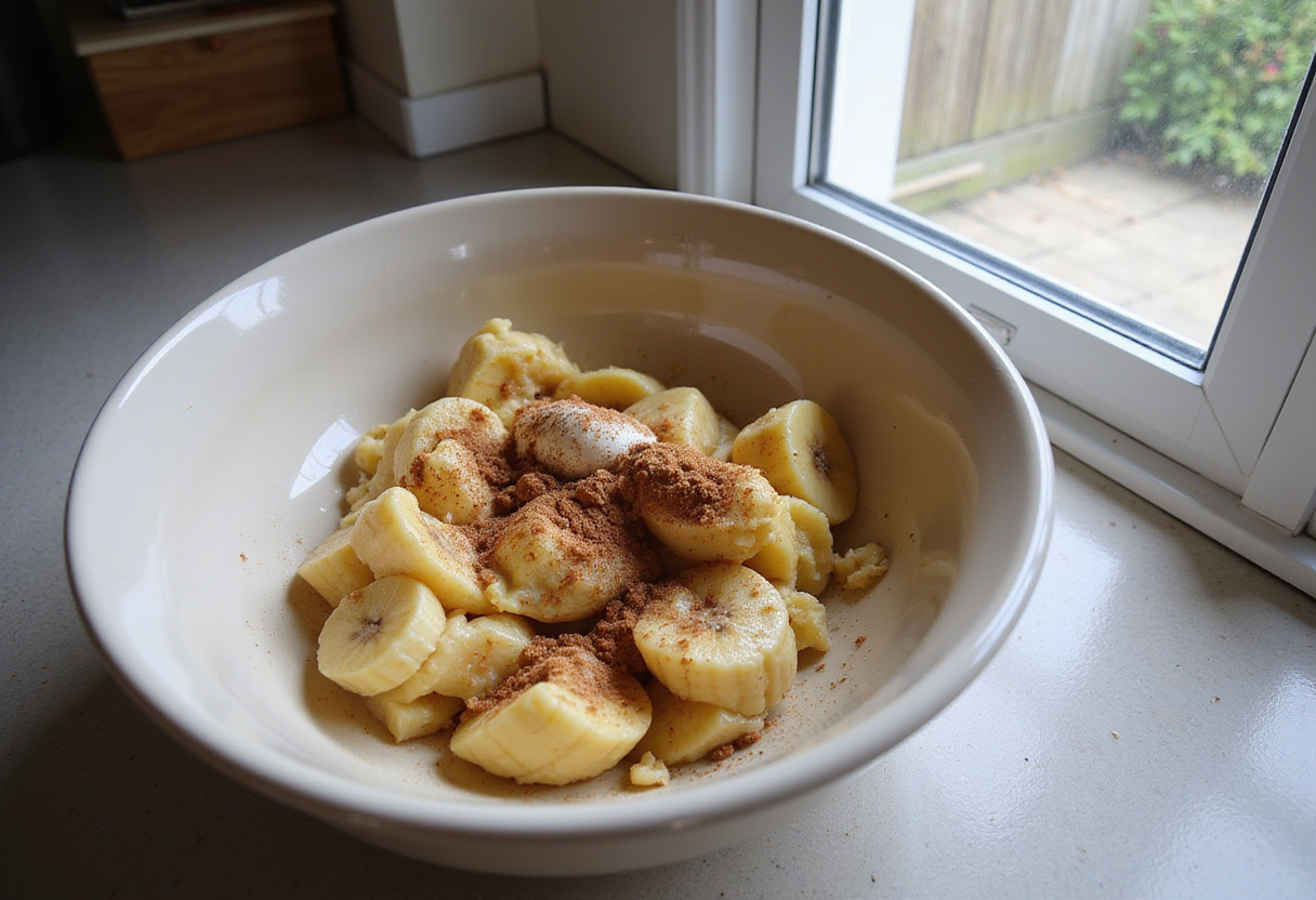 Mashed bananas and spices in a bowl for making protein banana bread.