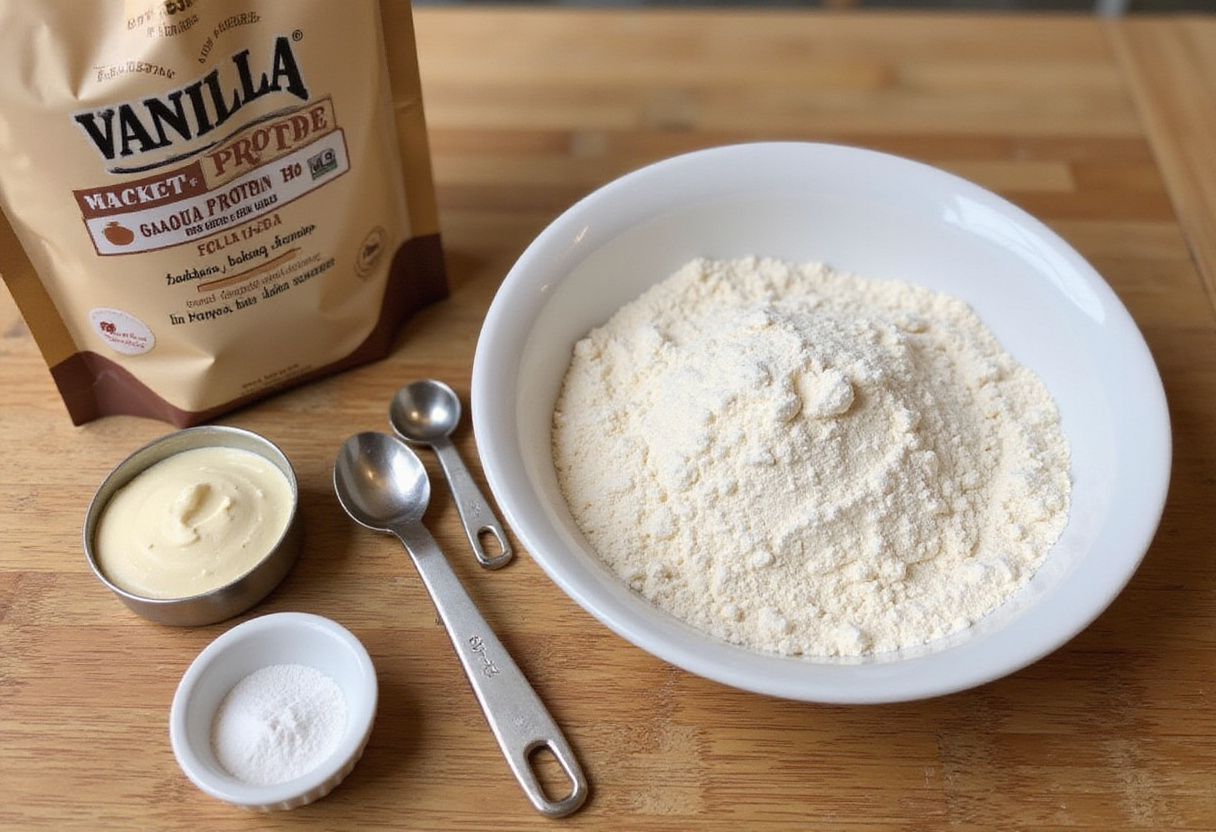 Vanilla protein powder and dry ingredients prepared for banana bread.