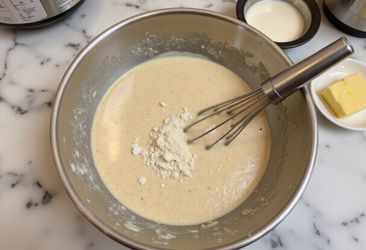 Combining ingredients to make the protein banana bread batter.