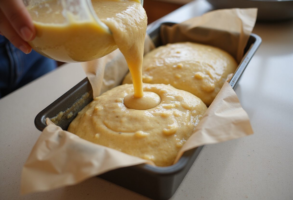 Banana bread batter being poured into a loaf pan for baking.