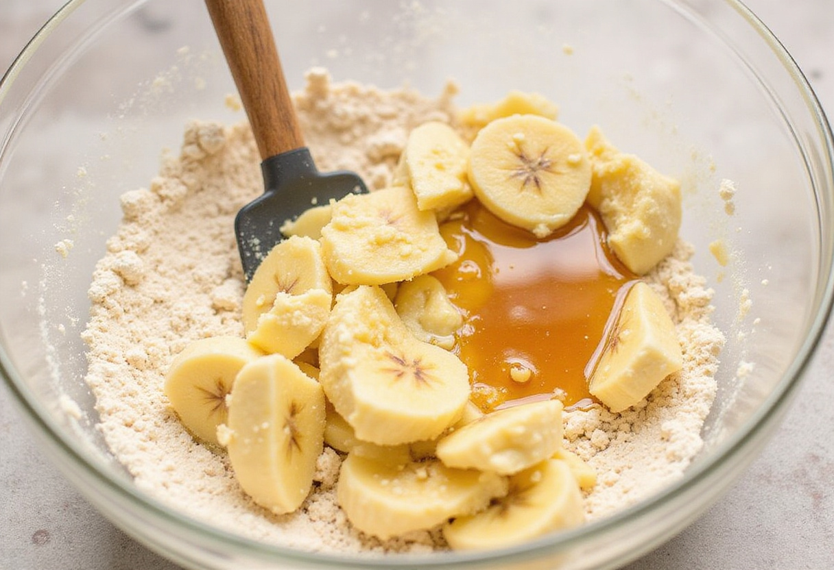 Mixing wet and dry ingredients for Chrissy Teigen's banana bread.