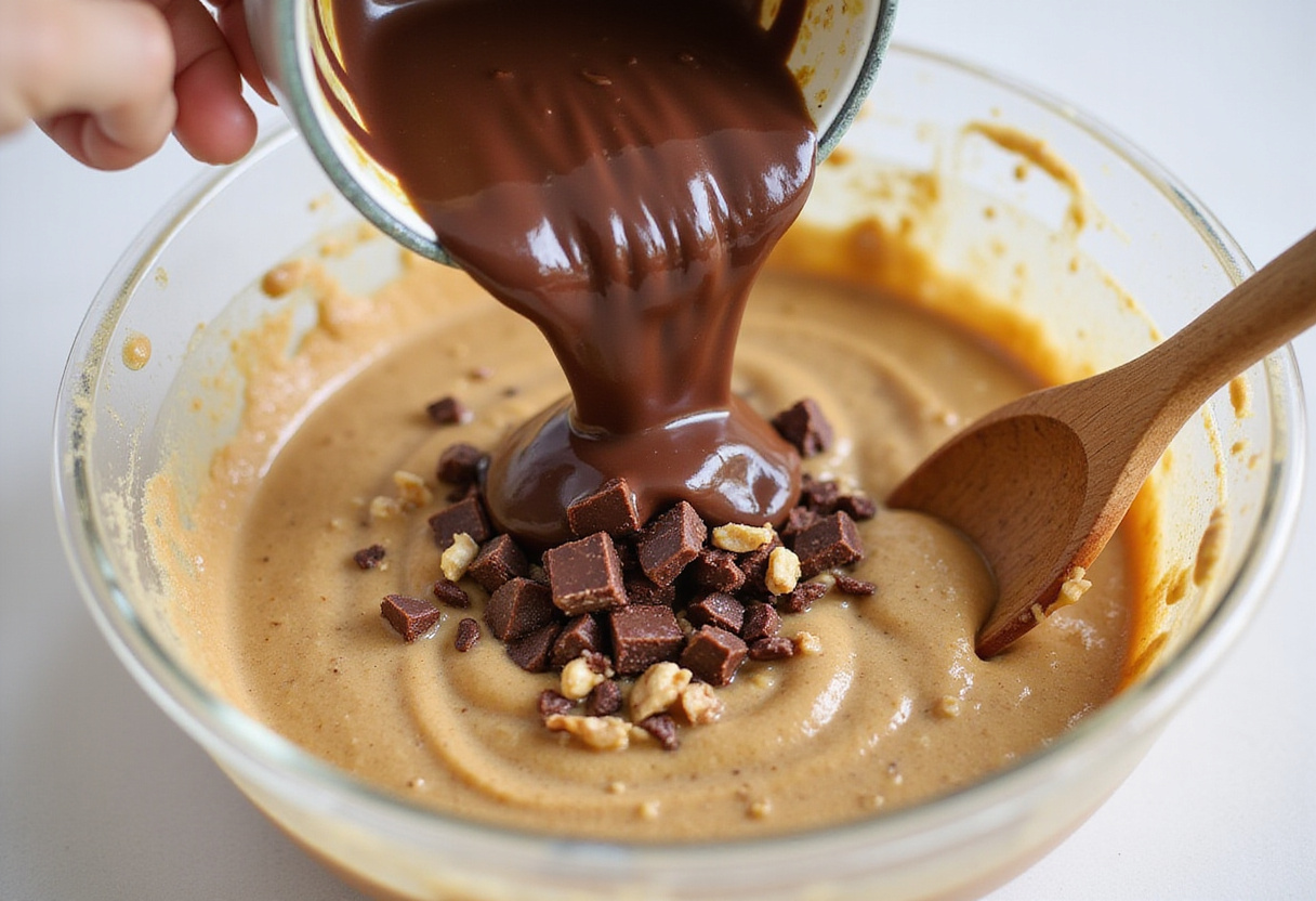Adding chocolate and walnuts to Chrissy Teigen's banana bread batter.