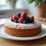 Finished gluten-free cake topped with powdered sugar and berries, your next favorite treat.