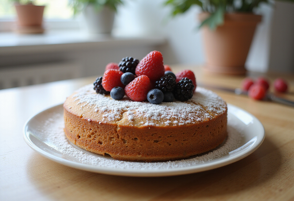Finished gluten-free cake topped with powdered sugar and berries, your next favorite treat.