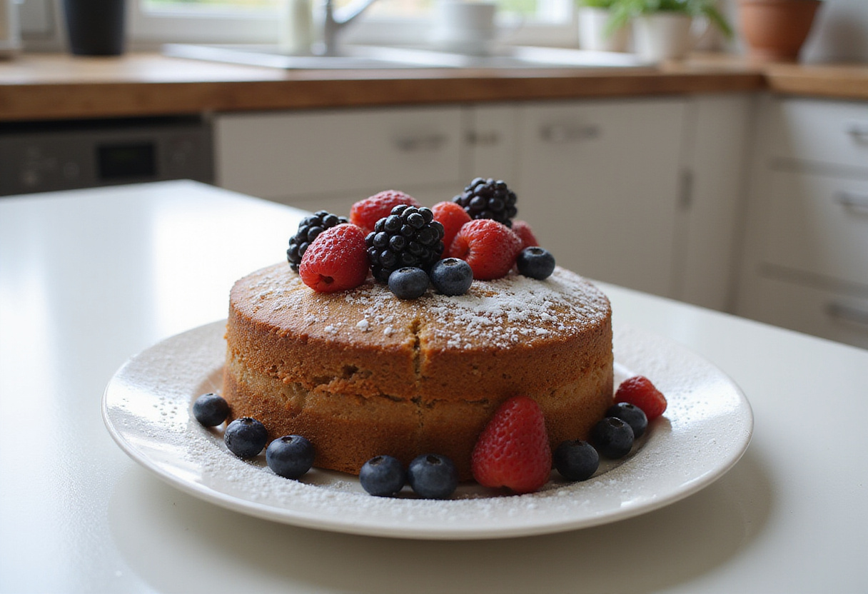 Finished gluten-free cake topped with powdered sugar and berries, your next favorite treat.