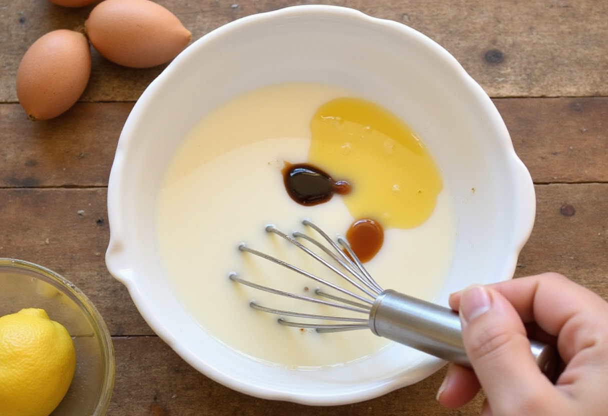 Whisking wet ingredients to create a gluten-free cake batter.