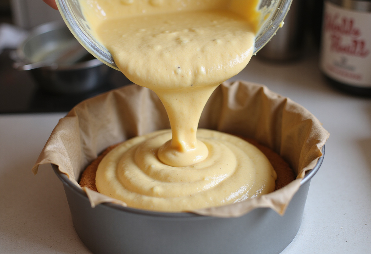 Pouring gluten-free cake batter into a prepared cake pan.
