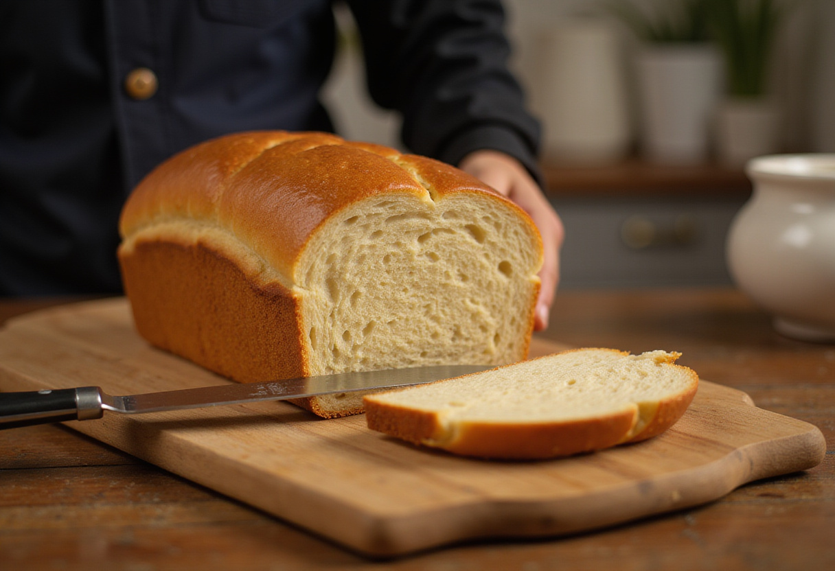 Freshly baked bread from bread machine, sliced and ready to serve.