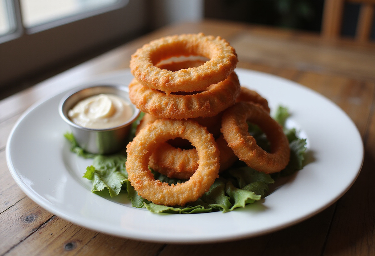 Crispy air fryer onion rings served with dipping sauce, delicious snack idea for gatherings and parties.