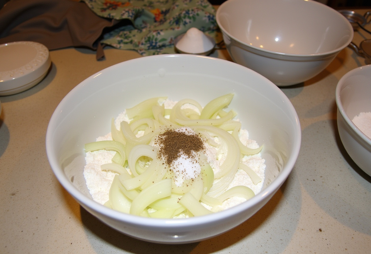 Prepping onion rings with flour mixture for air frying, healthy cooking with air fryer.