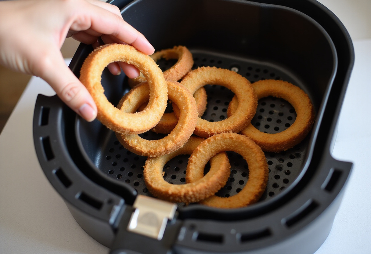 Placing breaded onion rings in air fryer, easy and quick recipe for crispy snacks using an air fryer.
