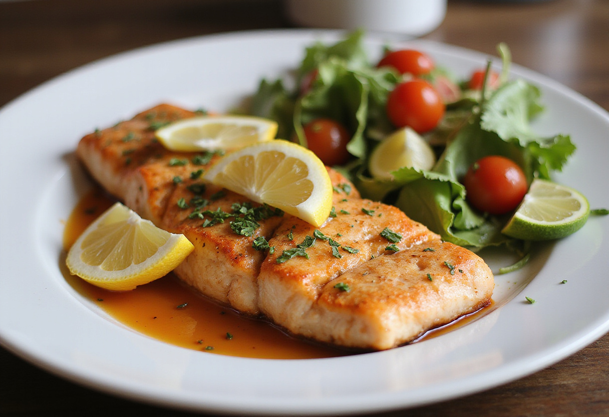 Delicious air-fryer salmon steaks served with fresh herbs and a colorful salad, a healthy and appetizing meal ready to enjoy.