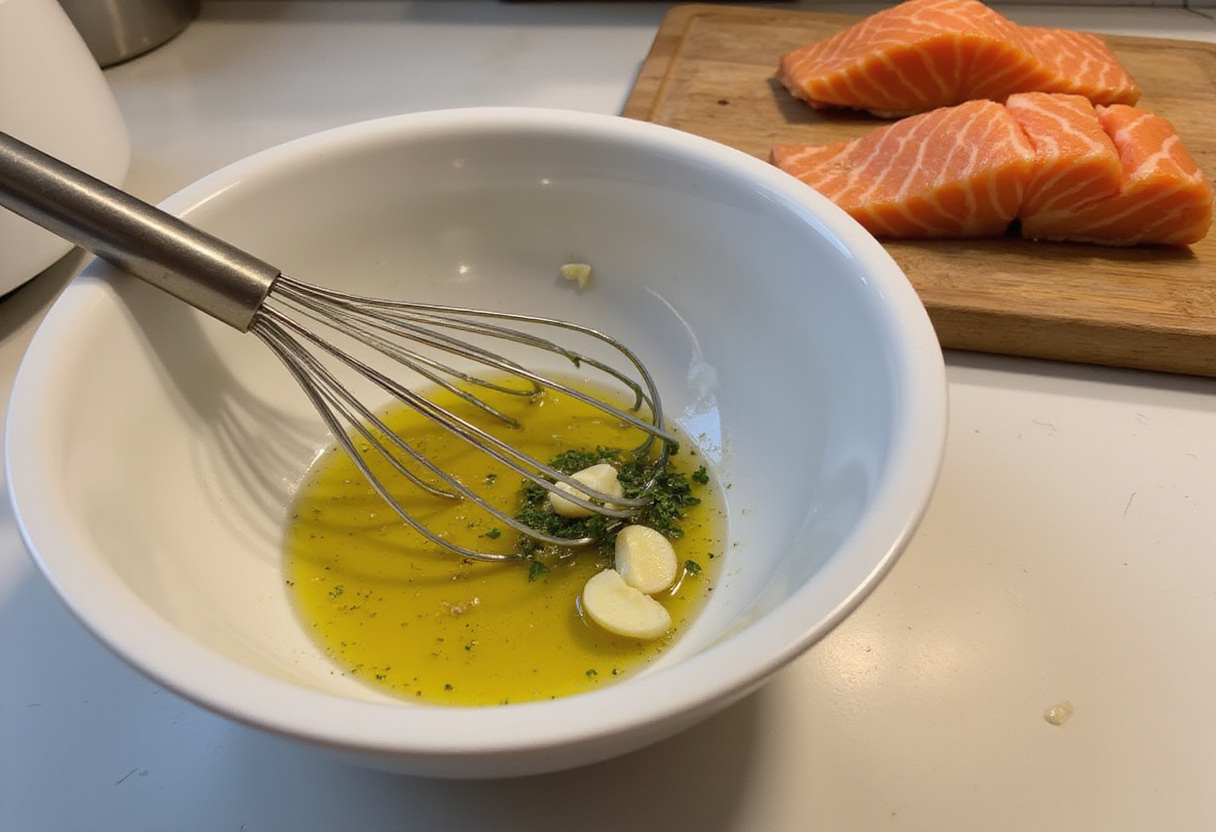 Air-Fryer Salmon Steaks marinade preparation with olive oil, garlic, and herbs, ideal for seasoning salmon.
